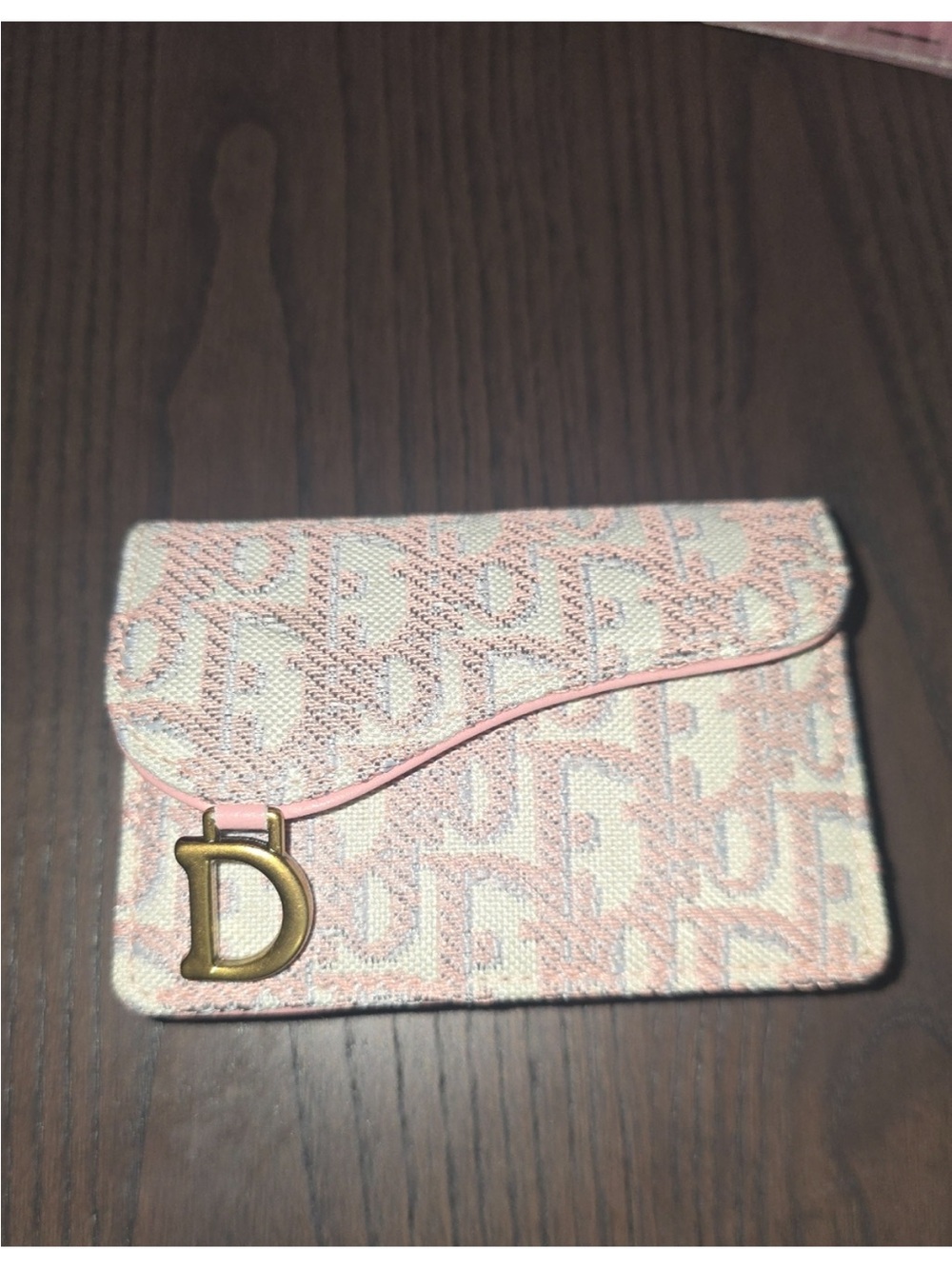ADior Pink Monogram Canvas Card Holder with Gold 'D' Charm - Picture 3 of 6